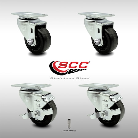 Service Caster 3.5 Inch SS Phenolic Swivel Top Plate Caster Set with 2 Brakes SCC-SS20S3514-PHS-2-TLB-2